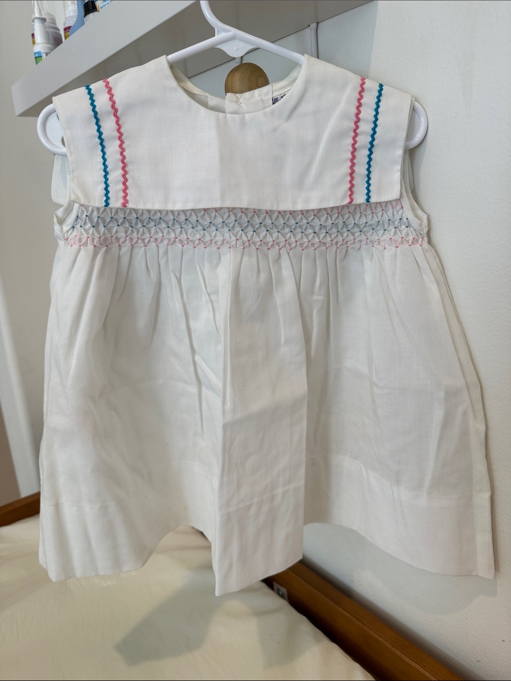 Vintage Polly Flinders White Smocked Baby Dress with Pink & Blue Accent